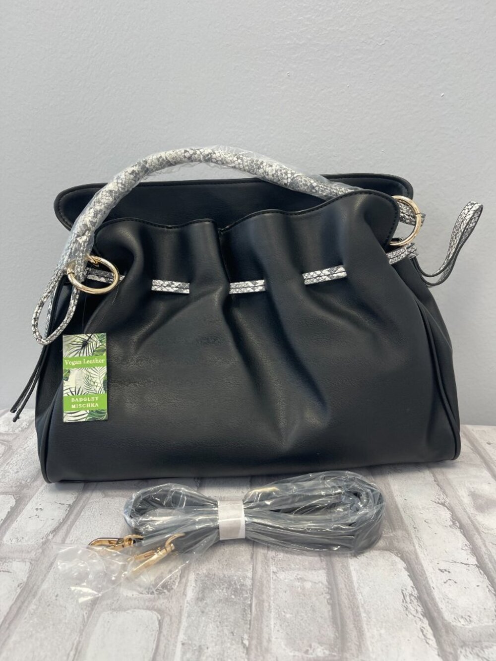 Badgley Mischka Vegan Leather Satchel Crossbody w/ Snake Print Handle - NWT - Picture 1 of 6